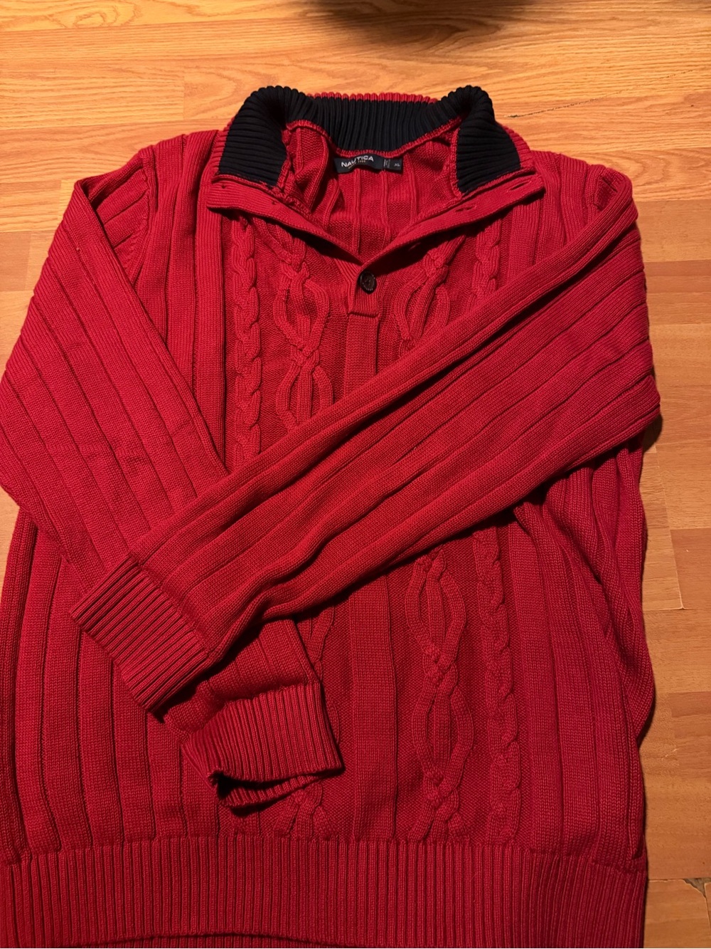Nautica Red Cable-Knit Zip Sweater with Black Collar